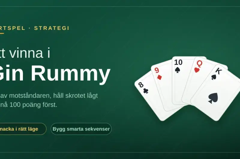 Grafik med texten "Att vinna i Gin Rummy" mot en mörkgrön spelbordsbakgrund och en solfjäder av spelkort i hjärter, spader, ruter och klöver.