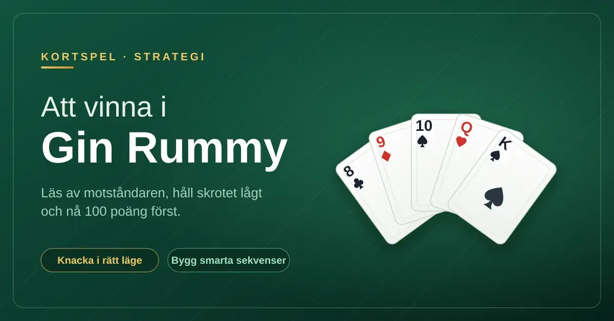 Grafik med texten "Att vinna i Gin Rummy" mot en mörkgrön spelbordsbakgrund och en solfjäder av spelkort i hjärter, spader, ruter och klöver.
