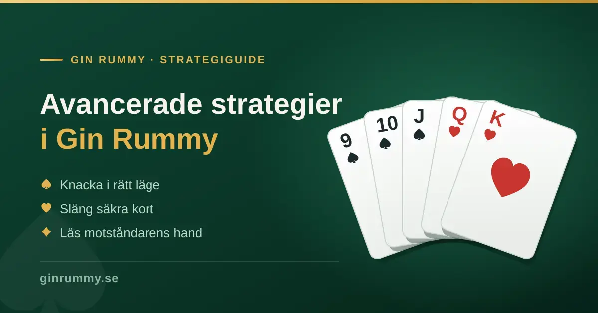 Grafik med texten "Avancerade strategier i Gin Rummy" bredvid en solfjäder av spelkort på mörkgrön bakgrund.