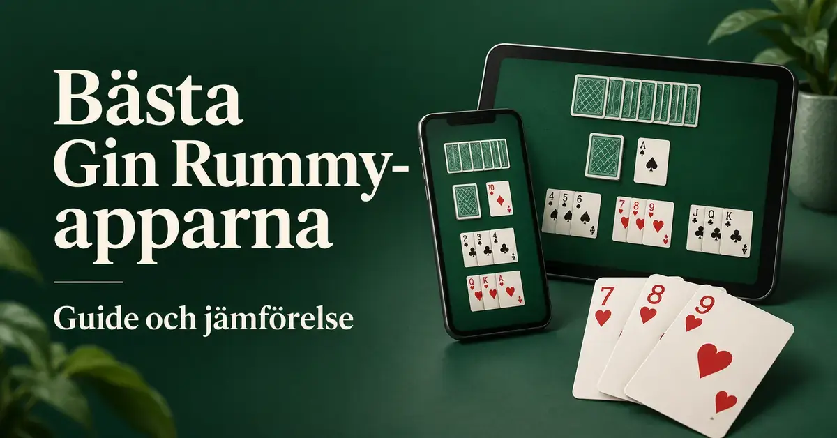 Mobil och surfplatta med digitala kortspel samt spelkort framför rubriken ”Bästa Gin Rummy-apparna – guide och jämförelse” på grön bakgrund.