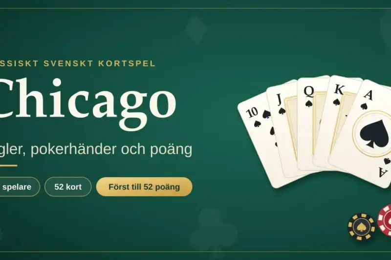 Grafik med texten "Chicago – regler, pokerhänder och poäng" mot en grön filtbakgrund, med en solfjäder av spelkort som visar en royal straight flush i spader och två pokermarker.