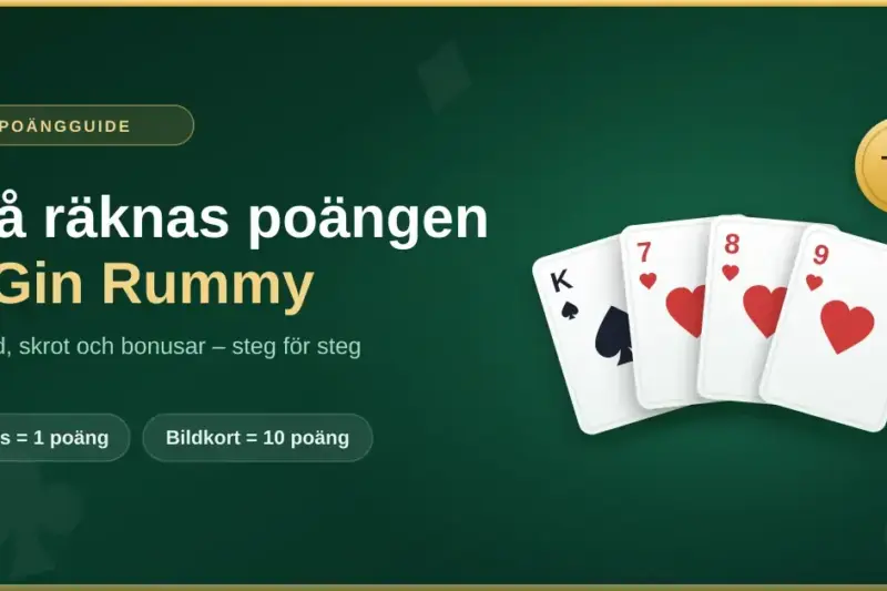Grafik med texten "Så räknas poängen i Gin Rummy" bredvid en solfjäder av spelkort – spader kung samt hjärter sju, åtta och nio – och en guldbricka med bonusen +25 för gin.