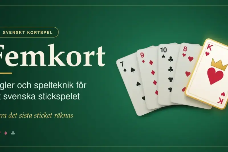 Grafik för stickspelet Femkort med rubriken på grön filtbakgrund och fem utspridda spelkort, där det femte kortet, en hjärter kung, lyser i guld för att visa att bara det sista sticket räknas.
