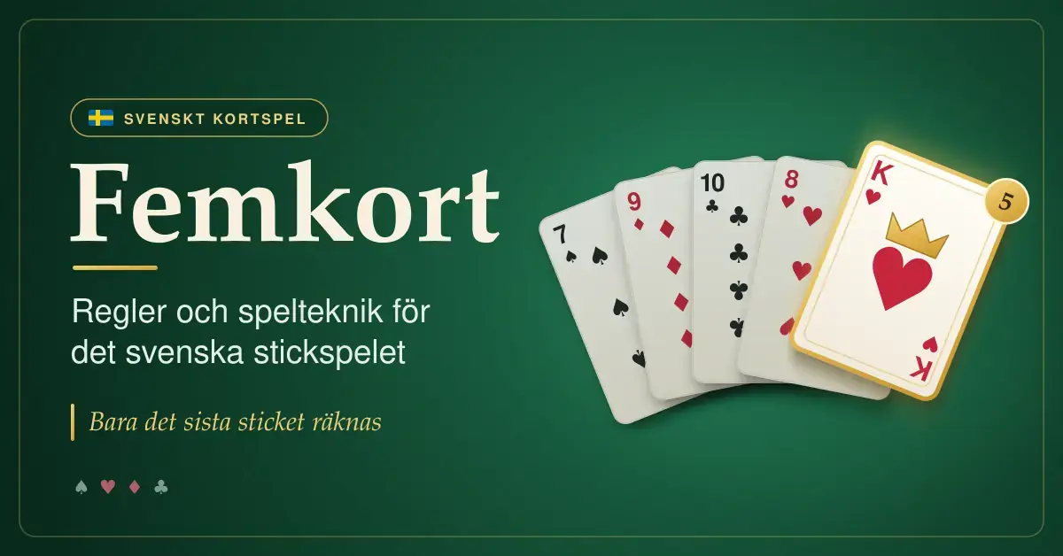 Grafik för stickspelet Femkort med rubriken på grön filtbakgrund och fem utspridda spelkort, där det femte kortet, en hjärter kung, lyser i guld för att visa att bara det sista sticket räknas.