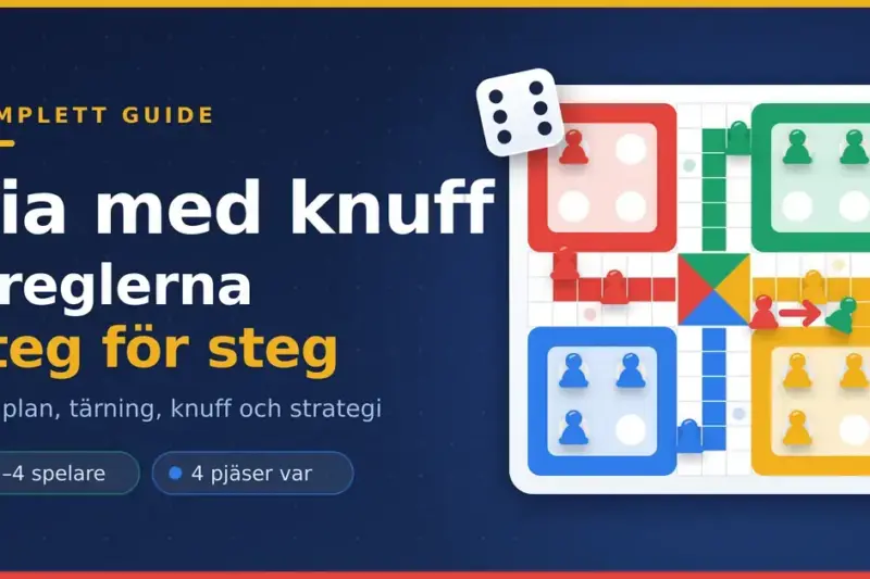 Illustration av en Fia med knuff-spelplan med fyra bon i rött, grönt, gult och blått, pjäser på banan, en tärning och texten "Fia med knuff – reglerna steg för steg".