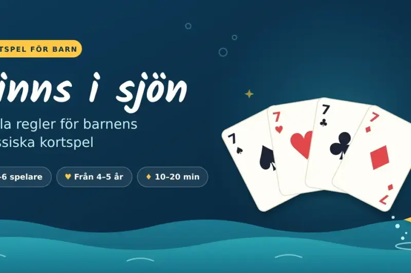 Illustration med texten "Finns i sjön" och fyra sjuor i olika färger utspridda som en solfjäder ovanför en sjö där en glad orange fisk hoppar upp ur vattnet.