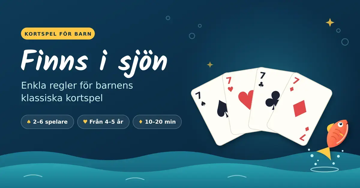 Illustration med texten "Finns i sjön" och fyra sjuor i olika färger utspridda som en solfjäder ovanför en sjö där en glad orange fisk hoppar upp ur vattnet.