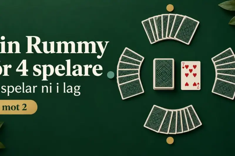 Fyra korthänder på ett grönt bord med färgmarkeringar för två lag och texten ”Gin Rummy för 4 spelare – Så spelar ni i lag”.
