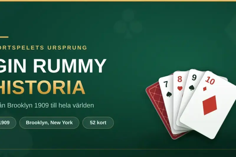 Grafik om Gin Rummys historia med en solfjäder av spelkort på grön filtduk och texten "Gin Rummy Historia" tillsammans med fakta: 1909, Brooklyn, New York och 52 kort.