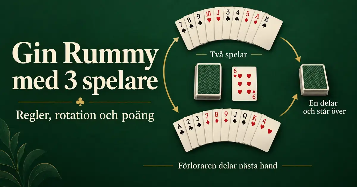 Illustration av Gin Rummy för tre spelare med två aktiva korthänder, en givare som står över och pilar som visar rotationen mellan spelarna.