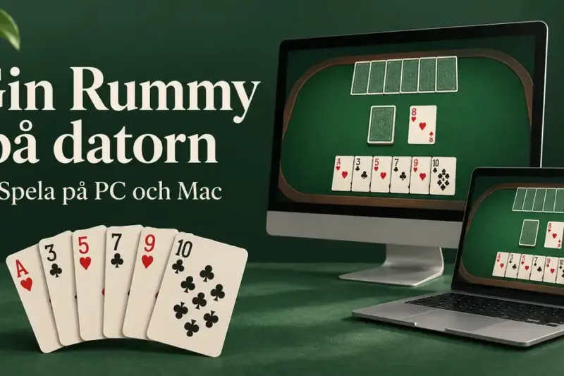 Gin Rummy på en stationär dator och en bärbar dator med spelkort i förgrunden och texten ”Gin Rummy på datorn – Spela på PC och Mac”.