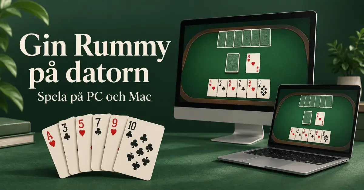 Gin Rummy på en stationär dator och en bärbar dator med spelkort i förgrunden och texten ”Gin Rummy på datorn – Spela på PC och Mac”.