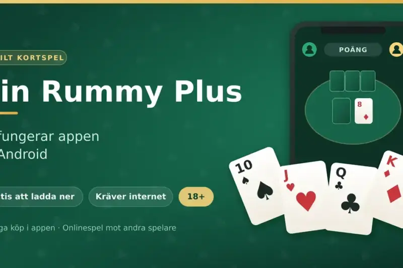 Grafik för artikeln om Gin Rummy Plus: rubriken "Gin Rummy Plus – Så fungerar appen till Android" bredvid en mobiltelefon som visar kortspelet och en solfjäder av spelkort mot grön spelbordsbakgrund.