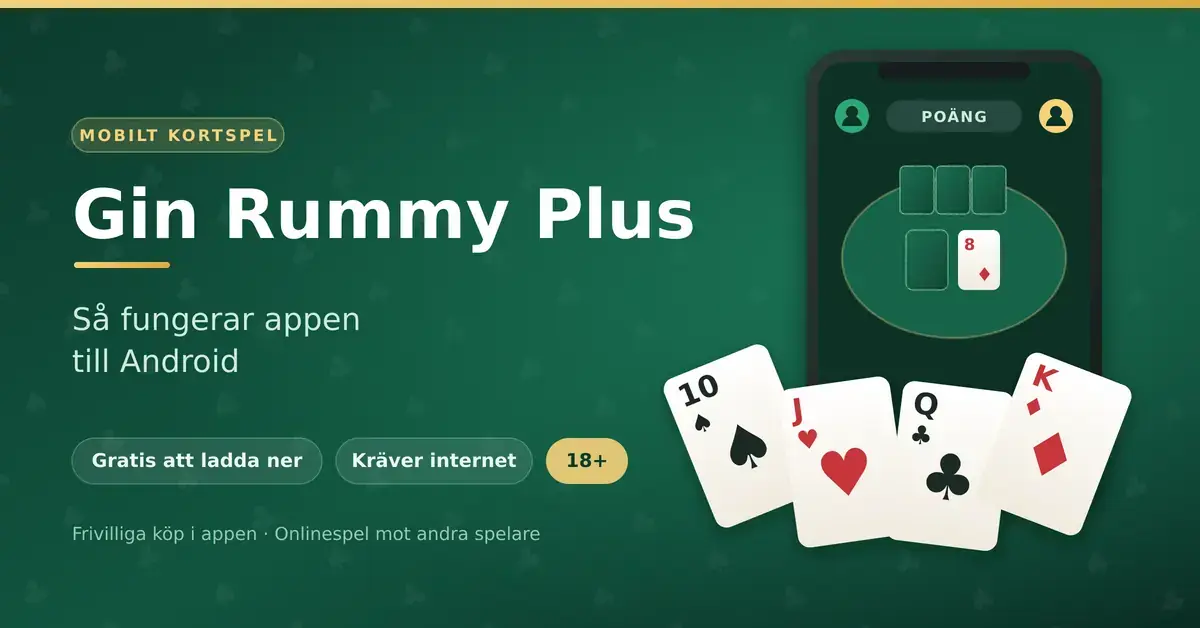 Grafik för artikeln om Gin Rummy Plus: rubriken "Gin Rummy Plus – Så fungerar appen till Android" bredvid en mobiltelefon som visar kortspelet och en solfjäder av spelkort mot grön spelbordsbakgrund.