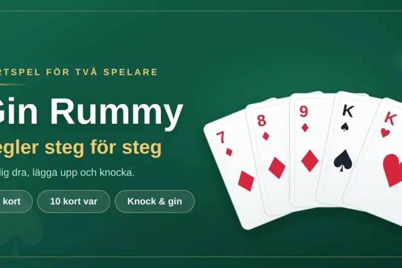 Grafik med texten "Gin Rummy – regler steg för steg" bredvid en solfjäder av fem spelkort på grön spelduk.