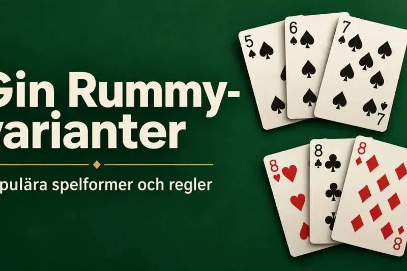Spader fem, sex och sju samt tre åttor på grön bakgrund intill rubriken Gin Rummy-varianter och texten Populära spelformer och regler.