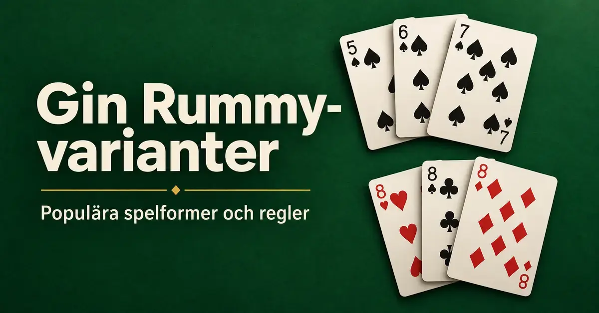 Spader fem, sex och sju samt tre åttor på grön bakgrund intill rubriken Gin Rummy-varianter och texten Populära spelformer och regler.