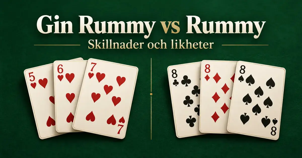 Illustration med rubriken Gin Rummy vs Rummy, en hjärtersvit och tre åttor mot en mörkgrön bakgrund.