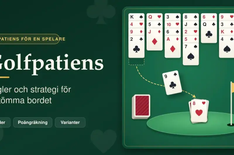 Grafik med texten ”Golfpatiens – regler och strategi för att tömma bordet” bredvid ett grönt spelbord där sju kolumner med spelkort läggs ut och en klöver nio flyttas till högen på en golfgreen med flagga.