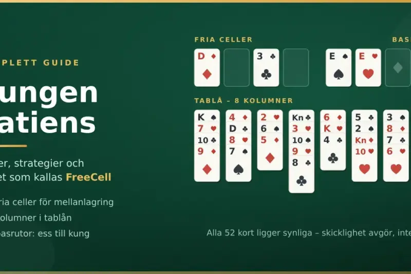 Spelplanen i Kungen patiens (FreeCell) med fyra fria celler, fyra basrutor och tablåns åtta kolumner med synliga spelkort.