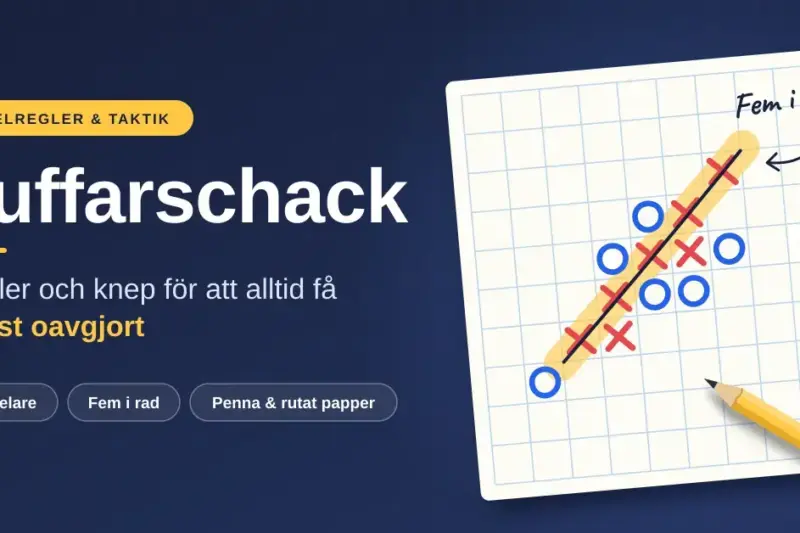 Illustration av ett luffarschackparti på rutat papper där fem röda kryss i diagonal rad är överstrukna bredvid blå ringar och en penna, med rubriken "Luffarschack – regler och knep för att alltid få minst oavgjort".