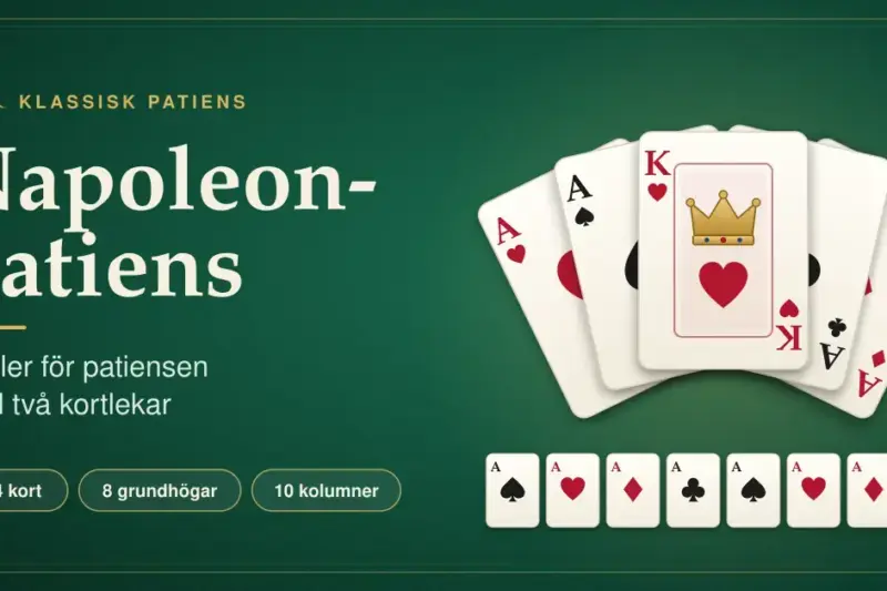 Grafik på ett grönt spelbord med rubriken ”Napoleon-patiens”, en solfjäder av spelkort med fyra ess och en hjärter kung samt en rad med åtta ess som visar patiensens åtta grundhögar.