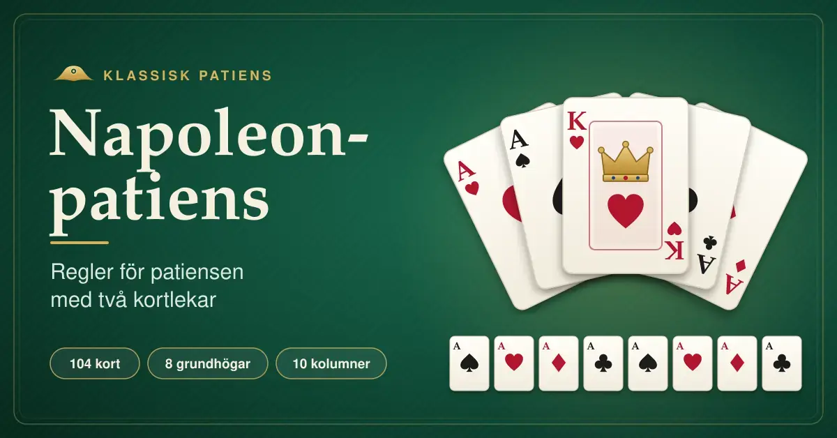 Grafik på ett grönt spelbord med rubriken ”Napoleon-patiens”, en solfjäder av spelkort med fyra ess och en hjärter kung samt en rad med åtta ess som visar patiensens åtta grundhögar.
