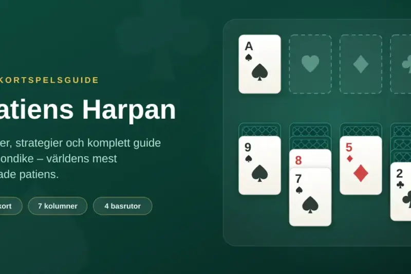 En grafik för artikeln om Patiens Harpan som visar ett Klondike-bord med fyra basrutor, ett spelat spaderess och fyra kolumner med dolda och uppvända kort.