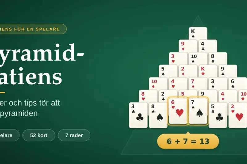 Pyramid-patiens med 28 spelkort i sju rader på ett grönt filtbord, där två markerade kort visar att 6 + 7 = 13, bredvid rubriken ”Pyramid-patiens – regler och tips för att lösa pyramiden”.