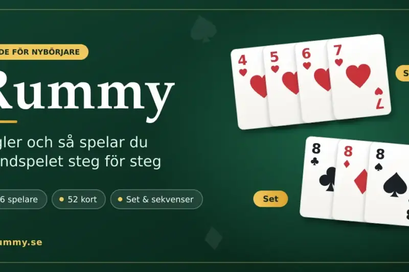 Illustration på ett grönt spelbord med rubriken ”Rummy” och texten ”Regler och så spelar du grundspelet steg för steg”, där spelkort visar en sekvens med hjärter 4–7 och ett set med tre åttor.