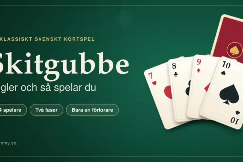 Grön kortbordsbakgrund med texten ”Skitgubbe – Regler och så spelar du” bredvid en solfjäder av spelkort (hjärter sju, klöver åtta, ruter nio och spader tio) framför en talong med baksidan upp.