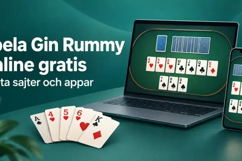 Illustration av Gin Rummy på en bärbar dator och en mobiltelefon med spelkort i förgrunden och texten ”Spela Gin Rummy online gratis – Bästa sajter och appar”.