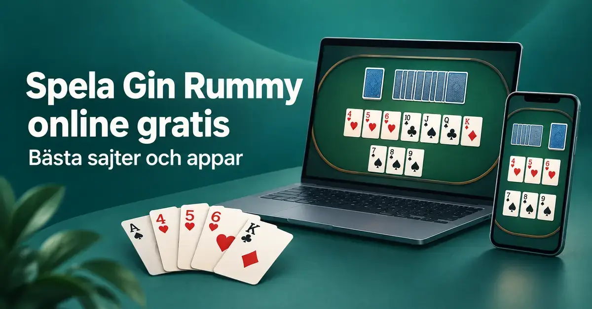 Illustration av Gin Rummy på en bärbar dator och en mobiltelefon med spelkort i förgrunden och texten ”Spela Gin Rummy online gratis – Bästa sajter och appar”.