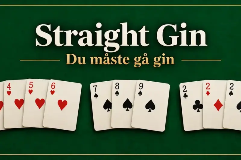 Tio spelkort bildar två stegar och en triss på grön bakgrund under texten ”Straight Gin – Du måste gå gin”.
