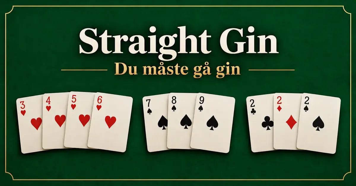 Tio spelkort bildar två stegar och en triss på grön bakgrund under texten ”Straight Gin – Du måste gå gin”.