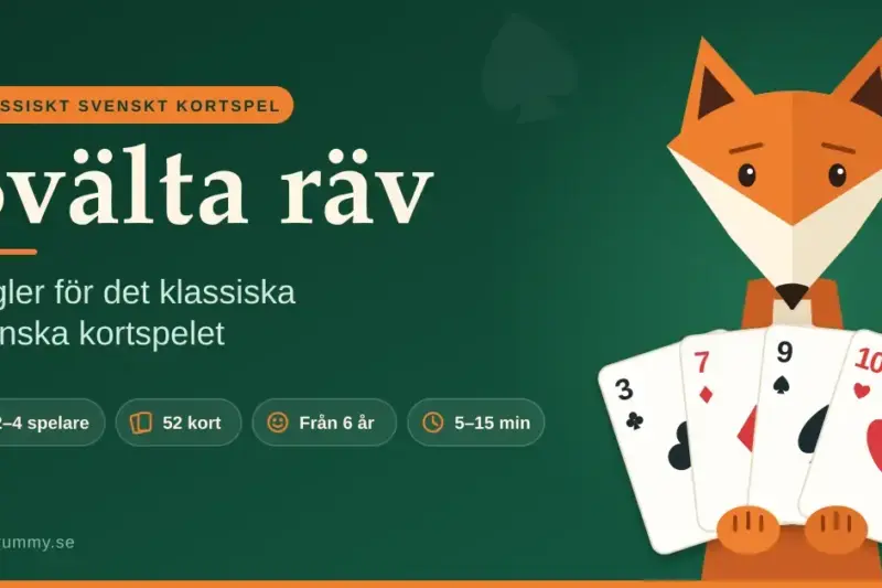 Illustration av en orange räv som håller en solfjäder av spelkort mot en grön bakgrund, med rubriken "Svälta räv", underrubriken "Regler för det klassiska svenska kortspelet" och snabbfakta om 2–4 spelare, 52 kort, från 6 år och 5–15 minuters speltid.