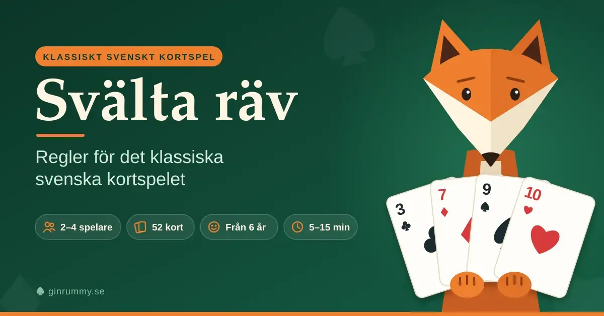 Illustration av en orange räv som håller en solfjäder av spelkort mot en grön bakgrund, med rubriken "Svälta räv", underrubriken "Regler för det klassiska svenska kortspelet" och snabbfakta om 2–4 spelare, 52 kort, från 6 år och 5–15 minuters speltid.
