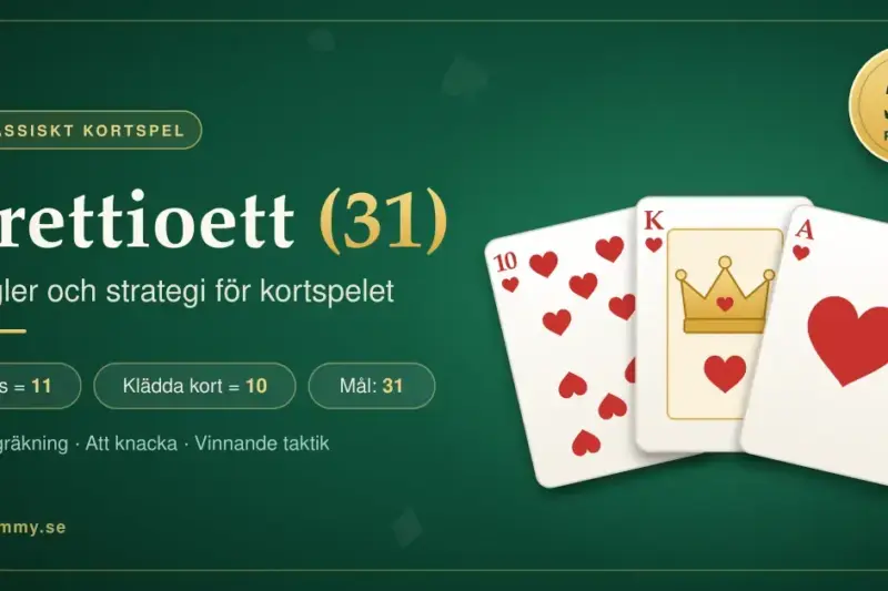 Tre hjärterkort – ess, kung och tia – på ett grönt spelbord bredvid rubriken ”Trettioett (31)”, med poängvärdena ess 11, klädda kort 10 och målet 31 poäng.