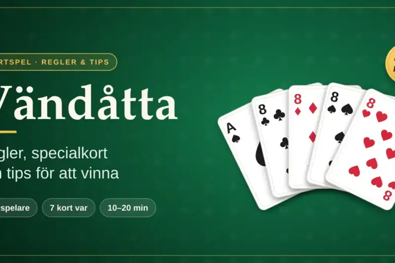 Grafik med rubriken Vändåtta – regler, specialkort och tips för att vinna, där en solfjäder av spelkort med spaderess och fyra åttor ligger på ett grönt filtbord.