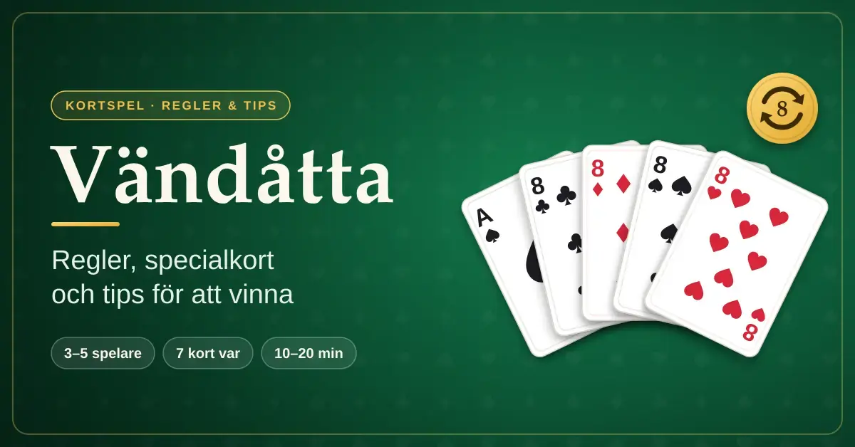 Grafik med rubriken Vändåtta – regler, specialkort och tips för att vinna, där en solfjäder av spelkort med spaderess och fyra åttor ligger på ett grönt filtbord.
