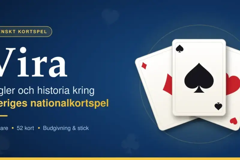 Grafik med rubriken ”Vira – regler och historia kring Sveriges nationalkortspel” mot en mörkblå bakgrund, med tre solfjäderformade spelkort i ruter, spader och hjärter.