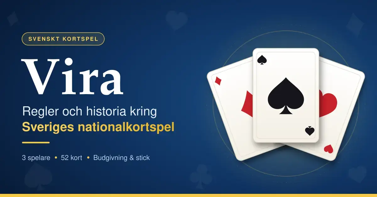 Grafik med rubriken ”Vira – regler och historia kring Sveriges nationalkortspel” mot en mörkblå bakgrund, med tre solfjäderformade spelkort i ruter, spader och hjärter.